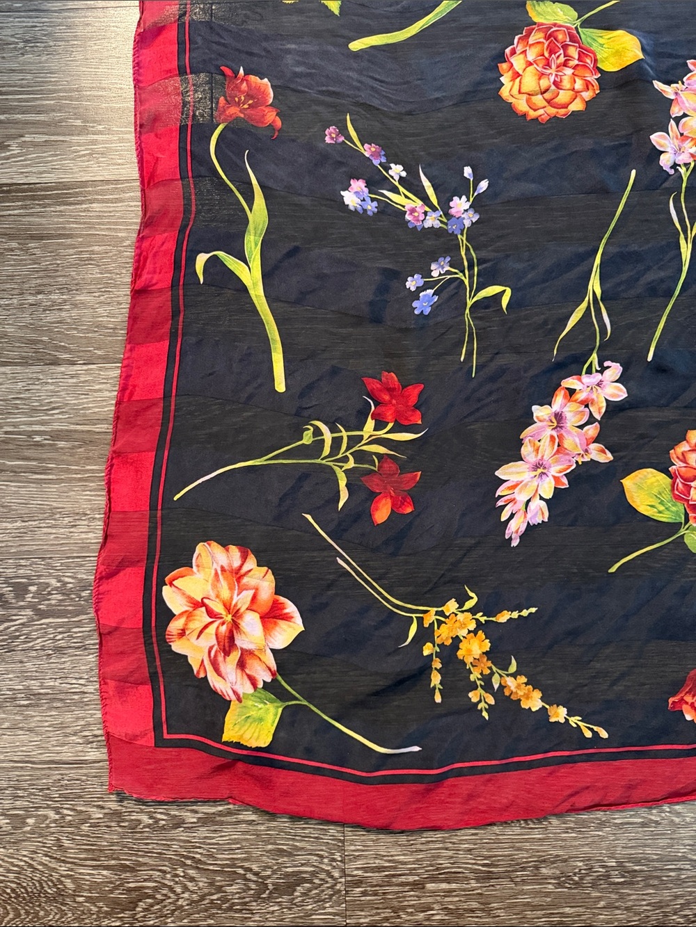 Ellen Tracy Black Silk Scarf with Red Border and Pink Floral Print - Picture 5 of 5